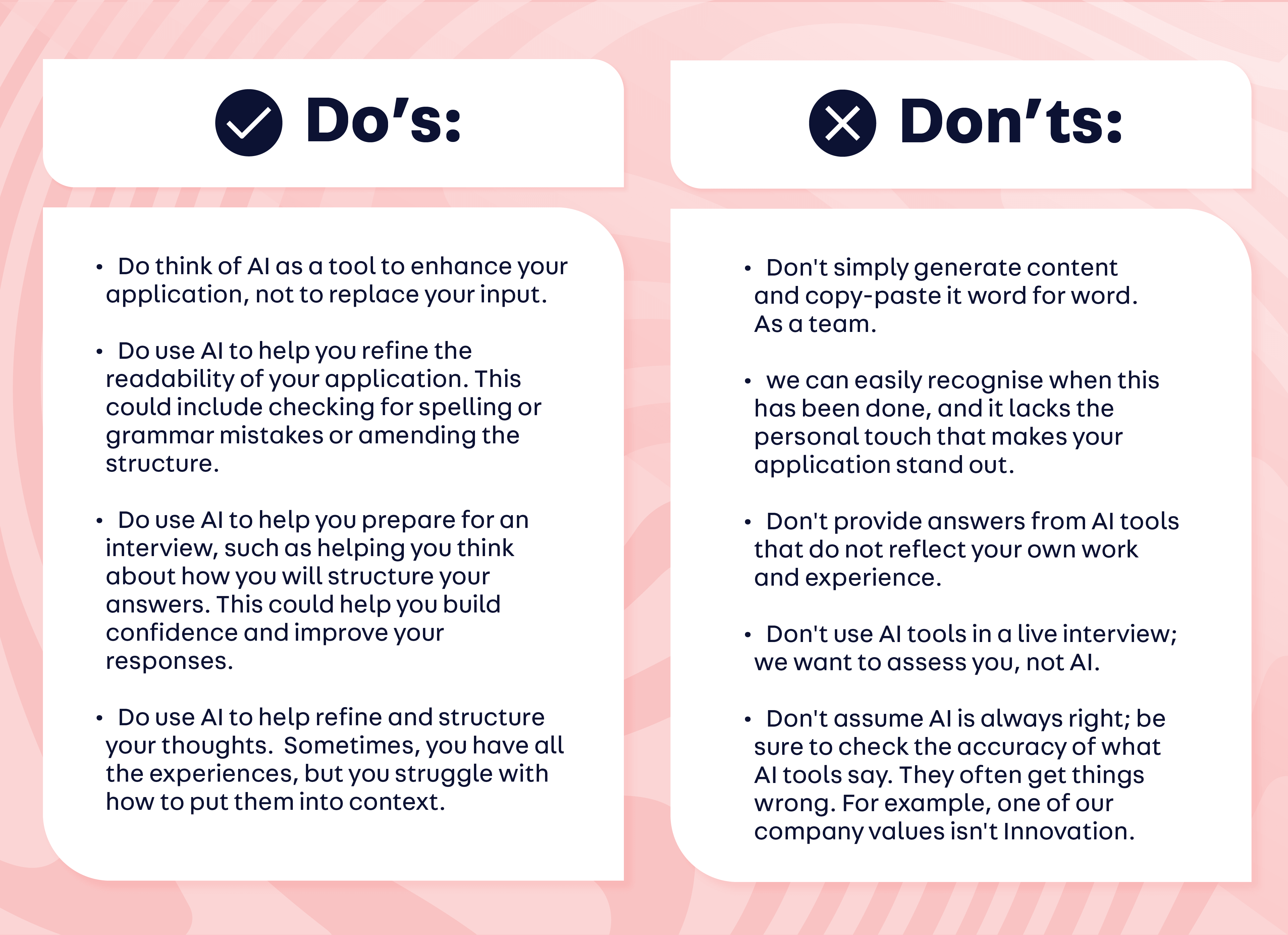 Our do's and don'ts for AI use during the application process:
